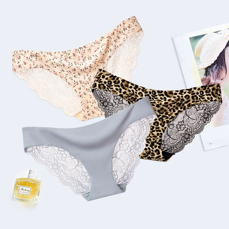 

3PCS Sexy Lace Panties Briefs For Women Ice Silk Seamless Low-Rise Panties Lingerie Cotton Panty Plus Size Female Underwear #D