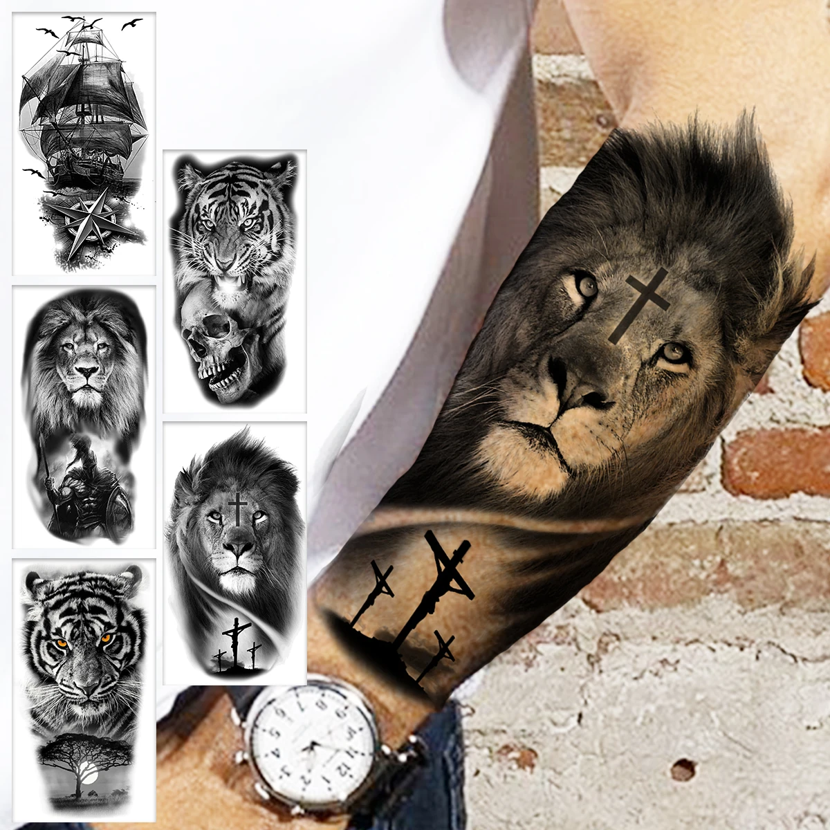 Tatouage Bateau Pirate Avant Bras Faux Tatouages Temporaires De La Croix Du Lion Noir Pour Hommes Et Femmes,  Autocollant Réaliste, Crâne De Tigre, Chevalier, Bateau De Pirate, Pour L' avant-bras, Diy Bricolage - Tatouages Éphémères - AliExpress