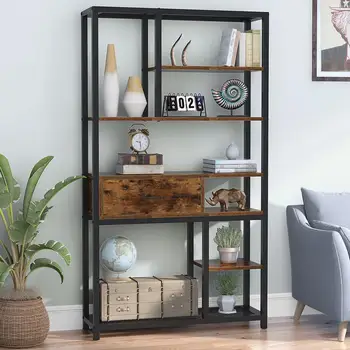

Tribesigns Retro Bookcase, Rustic 8-Tier Bookshelf with Drawers