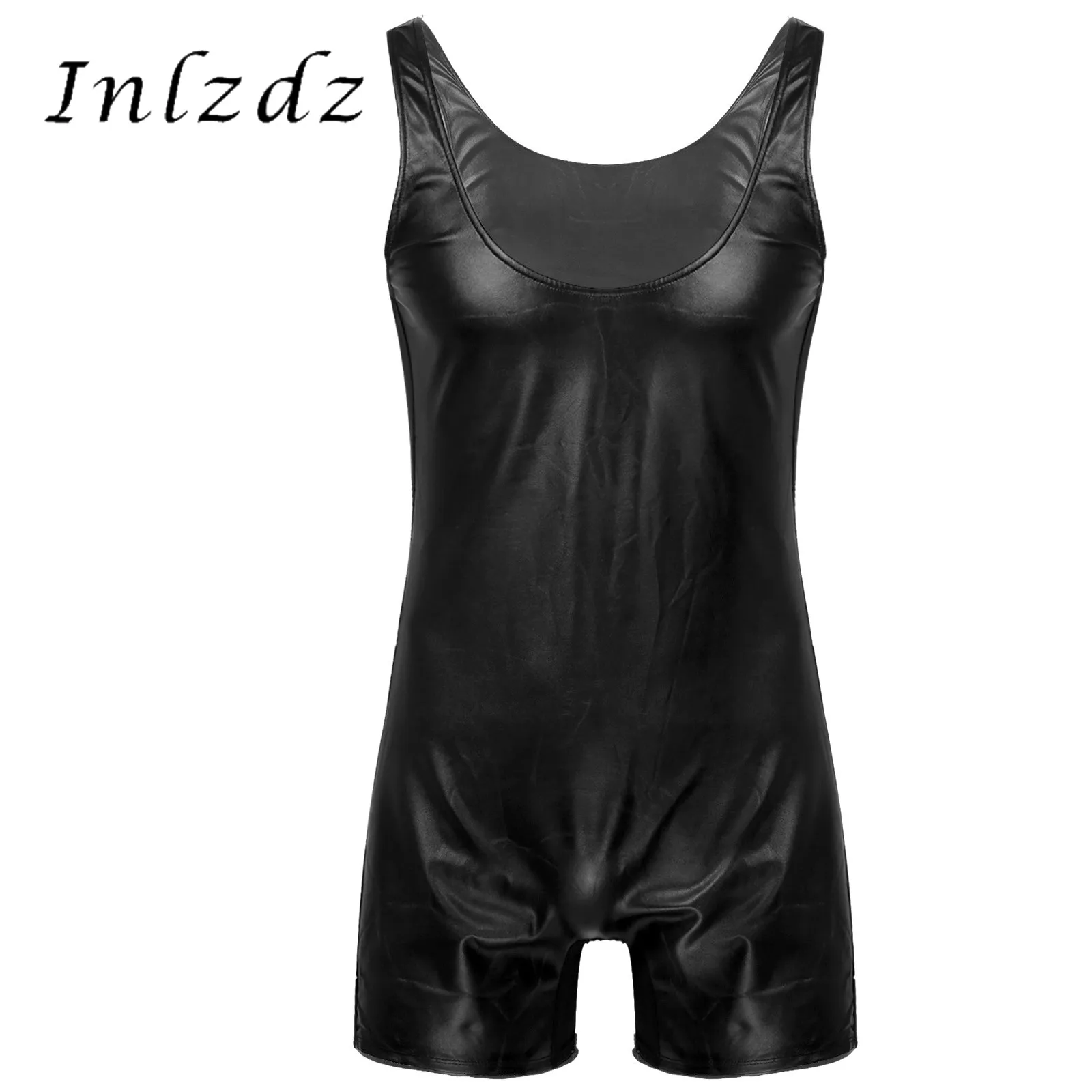 Mens Faux Leather Lingerie Bodysuit See through Mesh Patchwork
