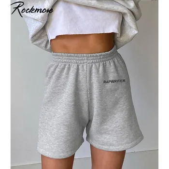 

Rockmore Plus Size Shorts Letter Printed Elastic Waist Sweat Pants High Waist Shorts Ladies Pockets Harajuku Short Pants Summer
