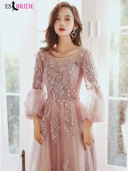 

Elegant Blush Prom Dresses ES3248 Embroidery Appliques Flowers A-Line Puffy Sleeves Tulle Illusion Prom Party Gowns Vestidos