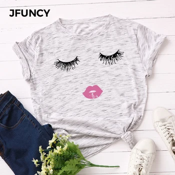 

JFUNCY Sweet Printed Plus Size Women T-shirts Female Short Sleeve Basic Tops Summer Cotton T Shirt Woman Casual Tee Shirts