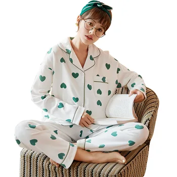 

2020 Pure cotton spring wear long sleeve trousers cardigan Korean version of simple fashion loose students can wear pajamas