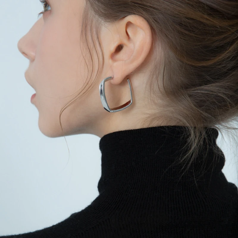 Hoop-Earrings Square Geometric Birthday-Gift 925-Sterling-Silver Minimalist Women Simple