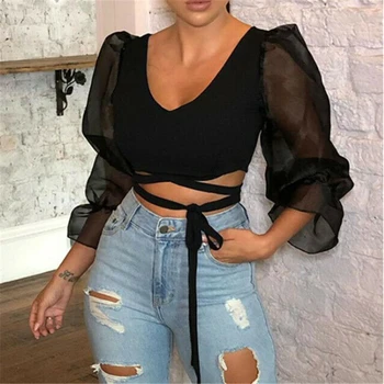 

Women Mesh Patchwork Blouse Elegant Basic Black Casual Shirt Female Stylish OL Work Streetwear See Through Shirt Short tops