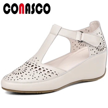 

CONASCO High Quality Fashion Concise Women Pumps T-Strap Genuine Leather Fretwork Wedges High Heels Office Casual Shoes Woman