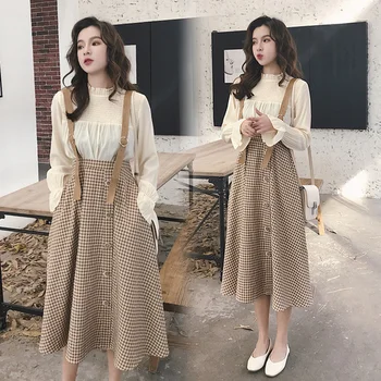 

Fashion Loose Plaid Two Piece Set Flarre Sleeve Pocket A-line 2 Pcs Set High Waist Single Breasted Vintage Conjunto Feminino