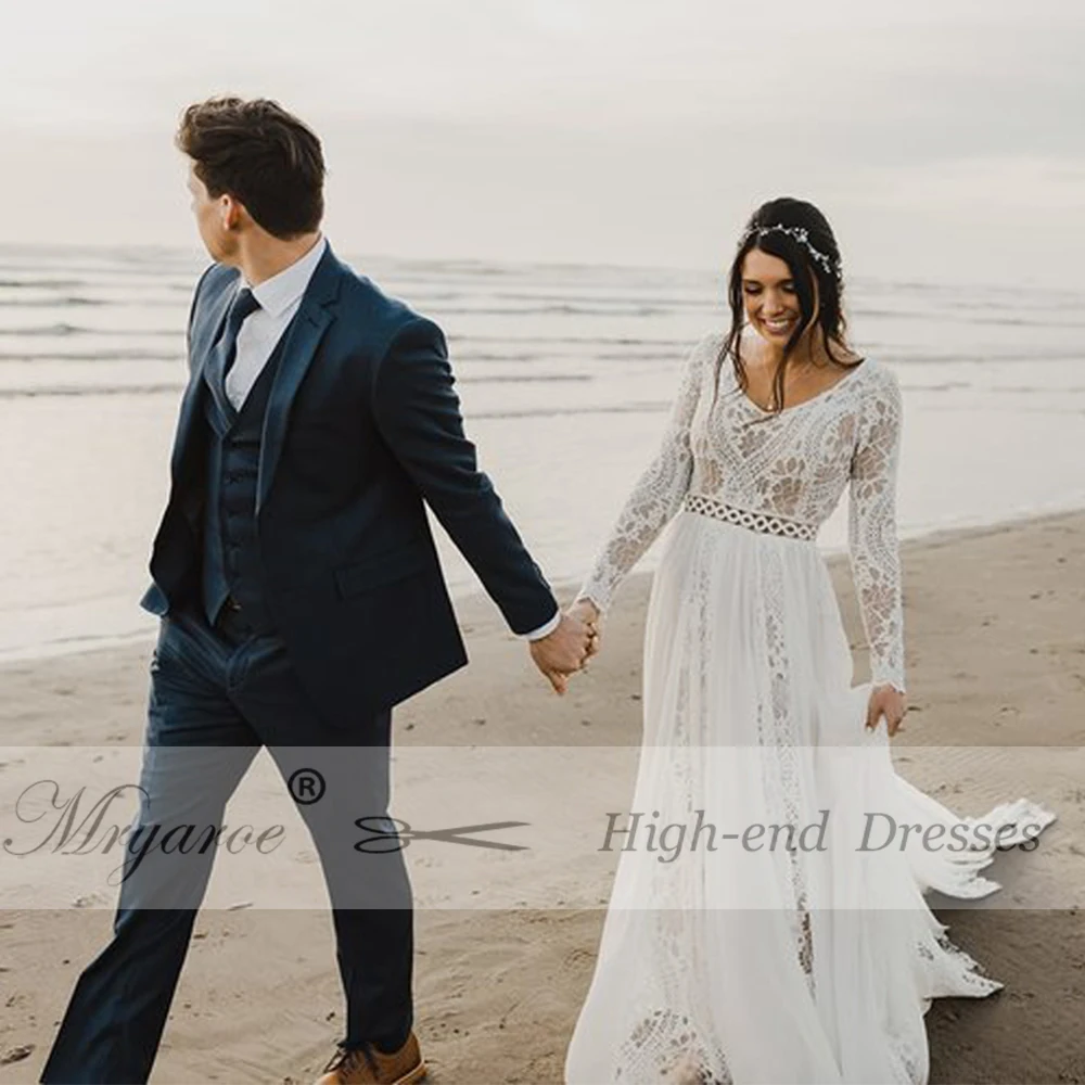 Mryarce Boho Chic Long Sleeve Modest Wedding Dress Lace Chiffon Unique Bridal Gowns Winter Wedding  (5)