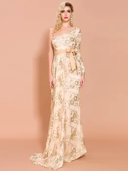 

Autumn and Winter Irregular Neck One Sleeve Women Maxi Dresses Elegant Glitter Lace up Women Party Dresses PC