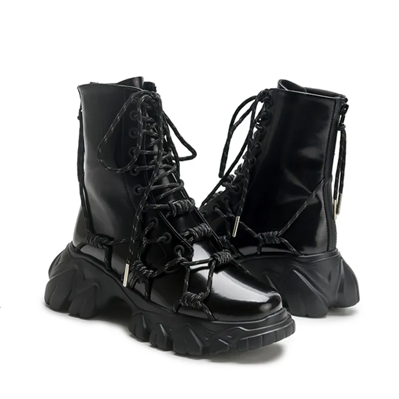 Jady Роза в стиле панк женские ботильоны со шнуровкой на шнуровке; повседневная женская обувь на платформе; черная обувь на толстой резине Сапоги для верховой езды Модные женские ботинки