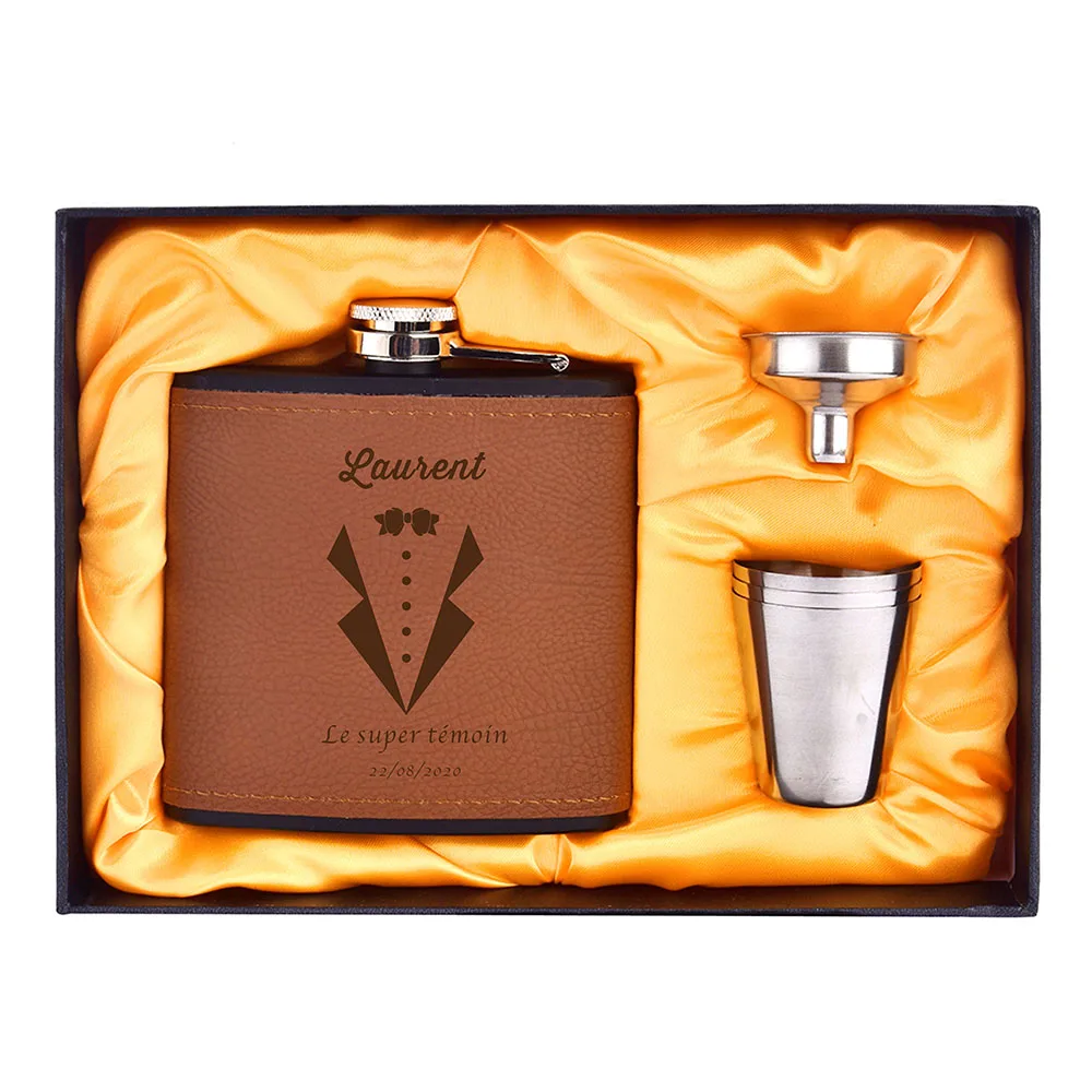 One set Personalized Leather 6oZ Hip Flask Gift Box For Wedding Favors Groomsman Father' s Day Anniversary Gifts | Дом и сад