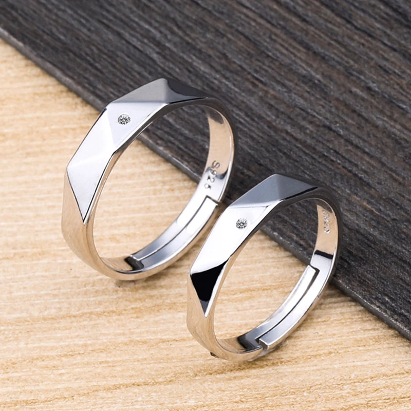 DOYUBO Prismatic Shape Sterling Silver Couples Ring For Men& Women Solid Silver Adjustable Size Lovers Rings Fine Jewelry VB358