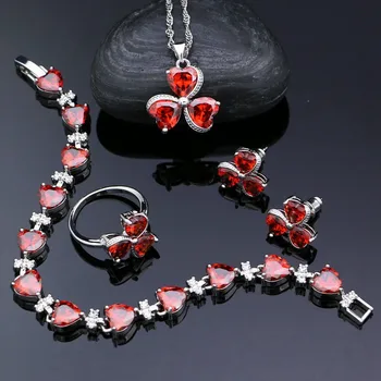 

925 Silver Jewelry Sets for Women Heart Shaped Red Cubic Zirconia Stud Earrings Pendant Ring Bracelet Necklace Sets