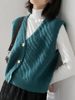 

2020 Autumn Winter Knitted Vest Women V-neck Single Breasted Casual Sweater Vest Sleeveless Spring Chalecos Para Mujer