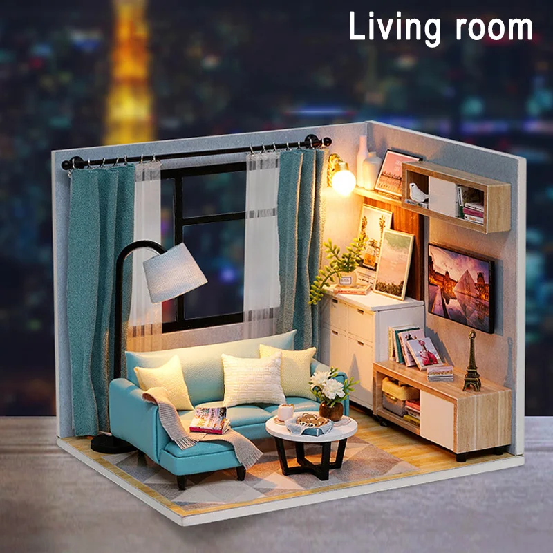 Кукольный домик Миниатюрный с мебели DIY мини-дом сборка игрушка для дня рождения Рождество YJS Прямая поставка - Цвет: living room