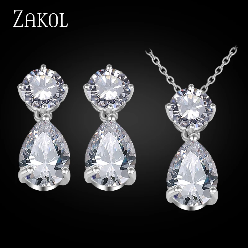 White Color Изящный ювелирный набор с кристаллами в виде капли воды от ZAKOL, модные ювелирные изделия белого цвета для женщин, юбилей,, FSSP272 - Окраска металла: White Color