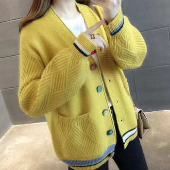 

Autumn Warm Striped Knitted Cardigans V-neck Sweater Women's Korean of Yelllow Loose Large Size Lazy Wind Cardigan Knitting Tops