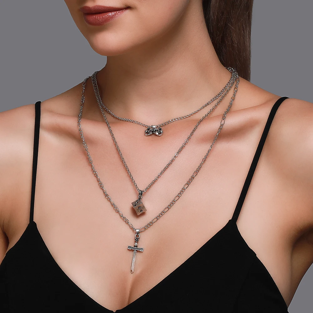 

Fashion multi-layer necklace women's punk style cross square pendant long three-layer sweater chain hip hop accessories