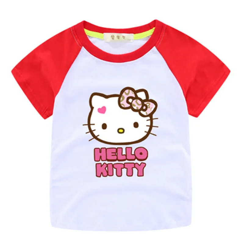 Hello kitty/Летняя футболка принцессы для девочек; Детские хлопковые топы; футболки; детская одежда для дня рождения; одежда для малышей; костюм - Цвет: Red and White