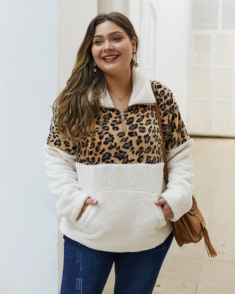 Большие размеры 3xl 4xl женские толстовки с капюшоном и длинным рукавом Женские зимние толстовки больших размеров леопардовое лоскутное пальто пуловер
