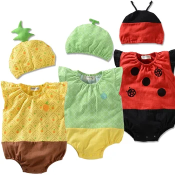 

3 6 12 18M Newborn Baby Romper Infant Bee Ladybug Watermelon Pineapple Cartoon Pattern Bodysuit with Cap Toddler Jumpsuit Clothe