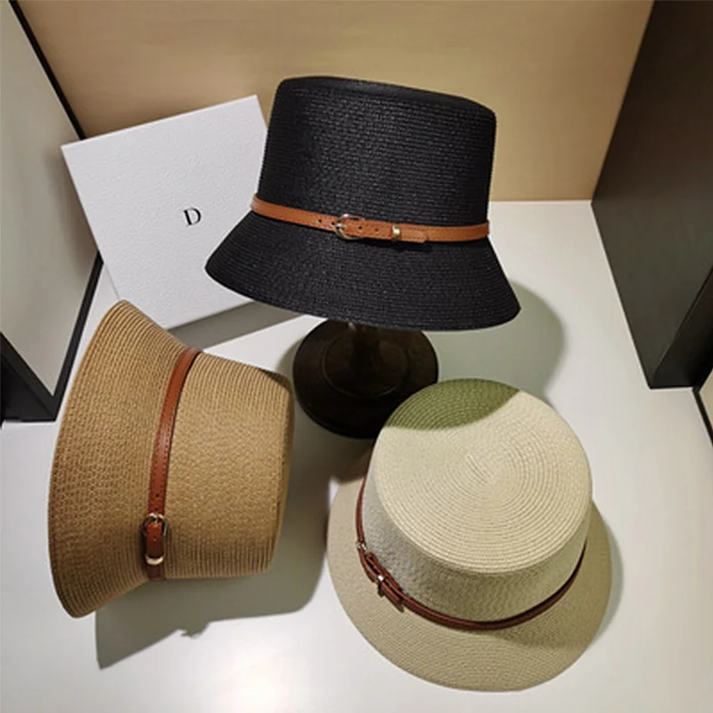 Frauen Sommer Eimer Hut Gürtel Dekoration UV-Schutz Sonnen kappe weibliche flache Strand Hut Sonnen hüte Strohhut Derby Reise – Detail 1