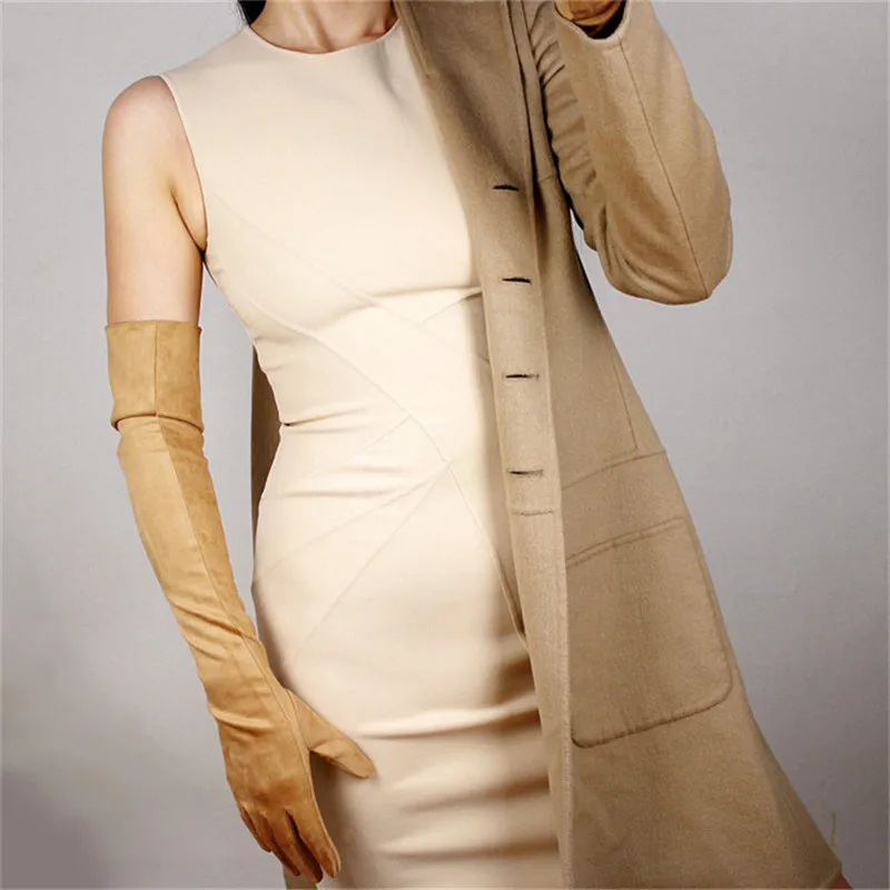 Suede nude 60 см лакированные кожаные Экстра длинные перчатки длинная секция PU эмуляция кожа зеркало яркий белый сенсорный экран женские перчатки PU37-60 - Цвет: Suede nude