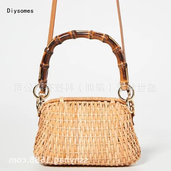 

Diysomes Straw Woven Bamboo Handle Ladies Shoulder Bag Handmade Rattan Wicker 2020 New Hand made Luxury Designer