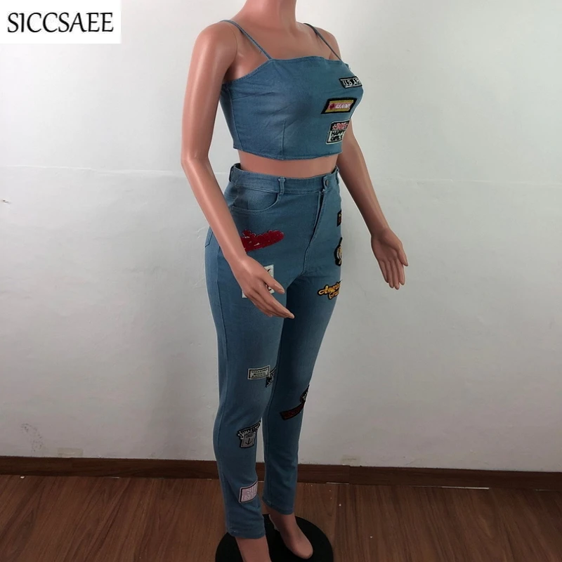 Комплект из двух предметов с аппликацией из мультфильма, женские сексуальные повседневные наряды, джинсовый облегающий костюм, укороченный топ с открытой спиной и штаны, джинсы, спортивный костюм