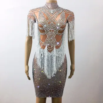 

Sparkly Crystals Big Stretch Dress Women's Evening Party Wear Full Rhinestones Tassel Dress Prom Birthday Celebrate Outfit