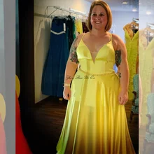 Желтые платья размера плюс для выпускного вечера с v-образным вырезом, платье для выпускного вечера на тонких бретелях, корсет на спине, атласное ТРАПЕЦИЕВИДНОЕ длинное платье с блестками Gala Jurken
