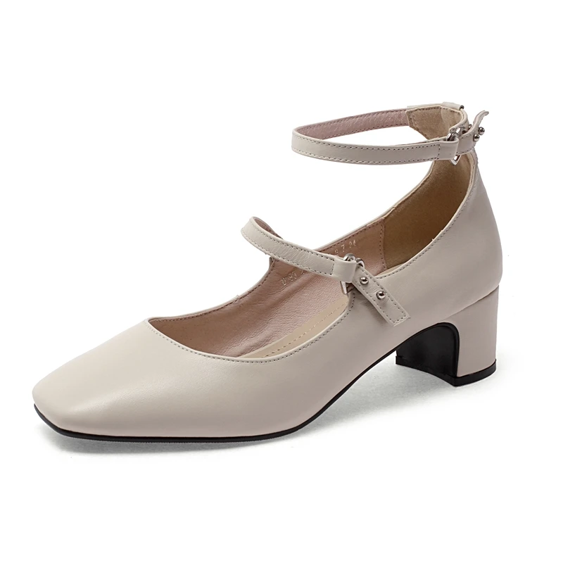 Genuine Leather Square Heeled Shoes Woman Slingbacks Pumps Elegant Women Dress Shoes Round Toe Office Ladies Shoes - Цвет: Белый