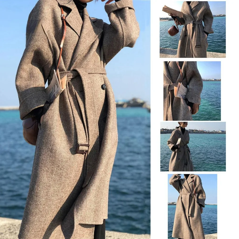 

2021 Solid Color Long Sleeve Overcoat Female Long TopCoat Elegant Long Women's Lapel Wool Coat Turn-down Collar Trench Jacket