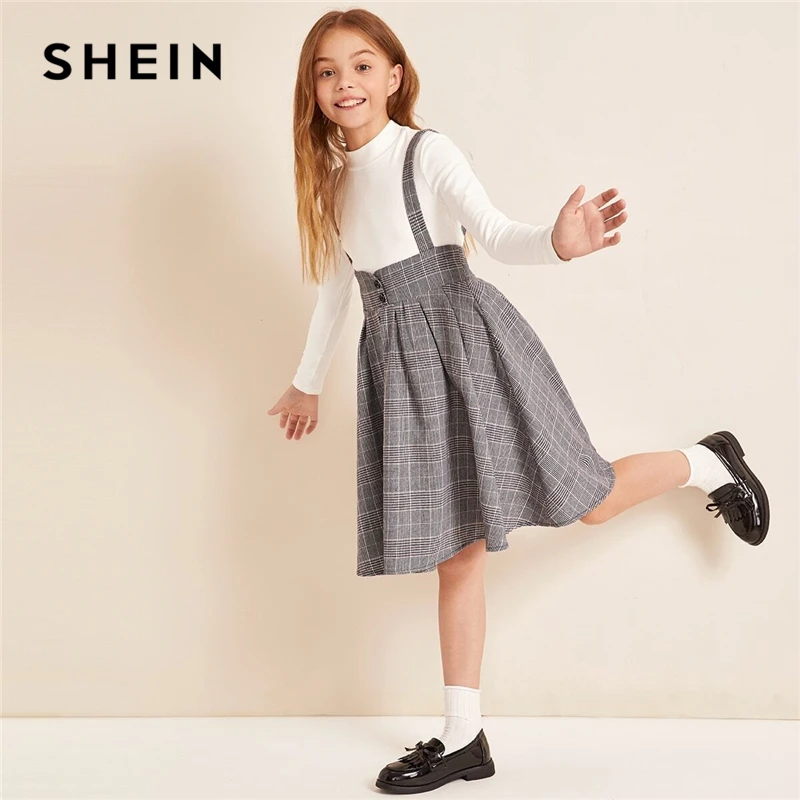 SHEIN детский для девочек, цвет: серый, на пуговицах спереди без бретелек плиссированное платье в консервативном стиле; платье-сарафан осень ремни Высокая Талия милые по колено платья