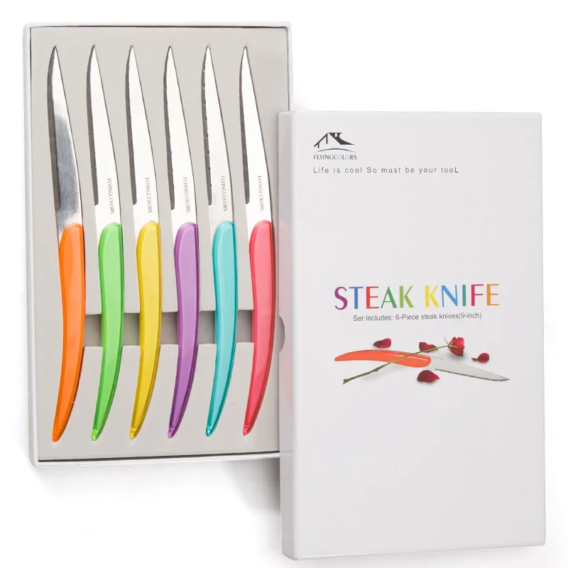 Рождественский подарок, 6 шт., ножи для стейка, уникальный дизайн, акриловый нож для стейка, столовые ножи из нержавеющей стали, Набор цветных столовых приборов для ресторана