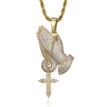 

US7 Bling Iced Out Cross Praying Hands Pendants Necklaces For Men Women Cubic Zirconia With Tennis Chain Hip Hop Jewelry Gifts