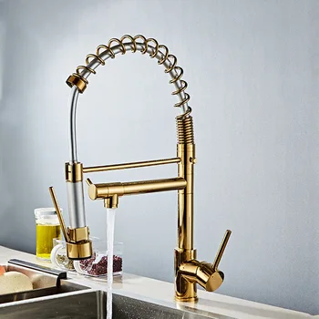 

Gold Plated Multi-Functional Spring Dish Copper Hot and Cold Single Bore Rotating Pull-Out Kitchen Mixing Faucet Tesatisfied
