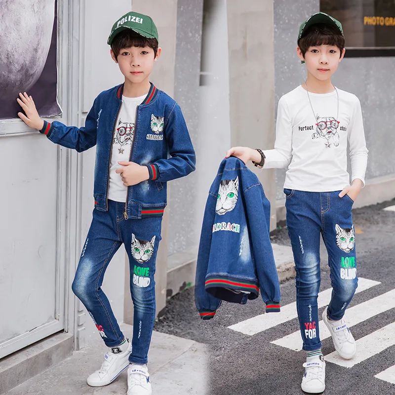 

Childrenswear 2019 Spring And Autumn New Style Men And Women Children Korean-style Cat Head Denim Suit Middle And Large CHILDREN