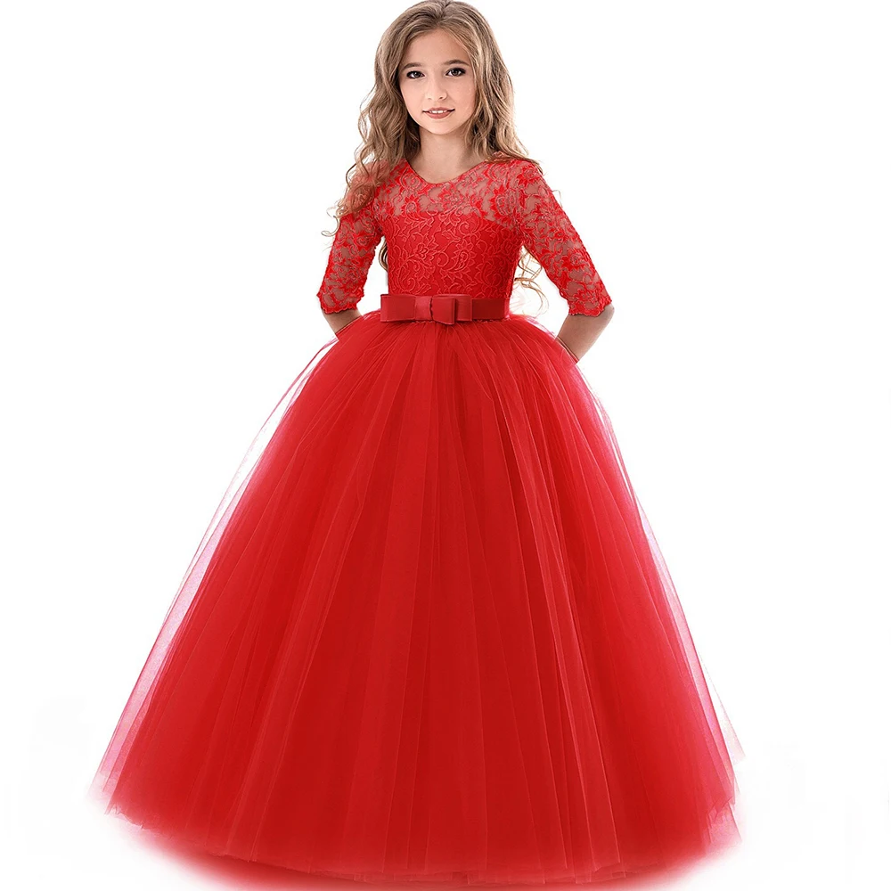 3-15Y Kids Dresses For Girls Elegant Lace Princess Dress Communion Prom Girl Gown Kids Girl Party Dress Toddler Clothes Vestidos - Цвет: Red