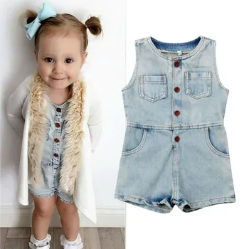 

1-5T Baby Girls Clothes Sleeveless O-Neck Baby Girls Rompers Blue Jeans Girls Clothing Shorts Pants One Piece Toddler Jumpsuits