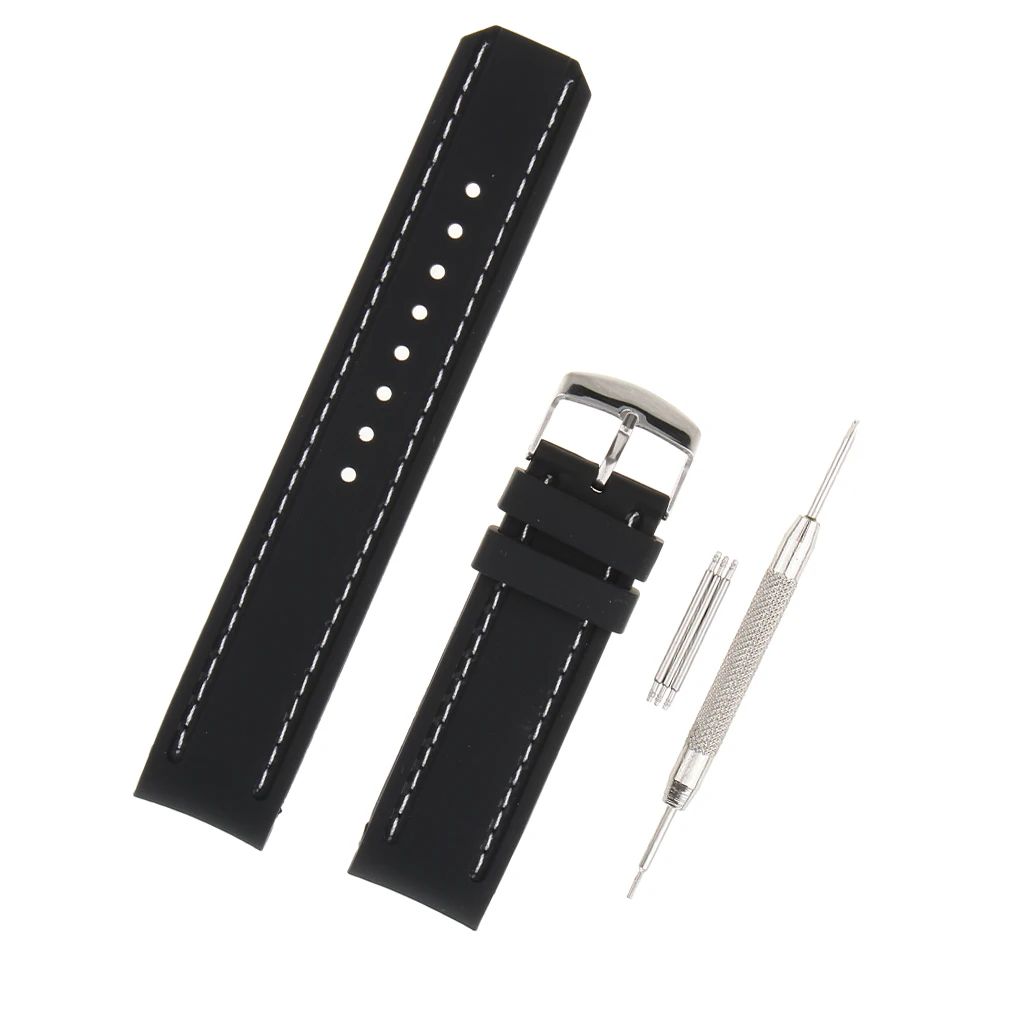 All Match Black Silicone Watch Band Curved End Strap Double Stitch 22mm