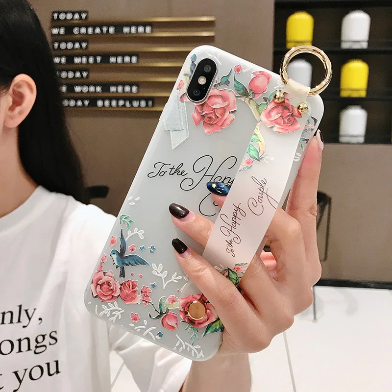 SoCouple Мягкий ТПУ чехол на запястье для iphone 7 8 6 6s plus 11 Pro Max X Xs max XR Рельефный цветочный Чехол-держатель для телефона - Цвет: IK21-26WDCouple