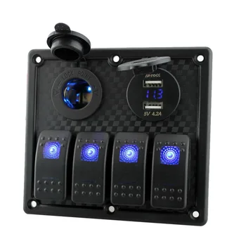 

Hot 12V-24V Waterproof 4-Gang Toggle Switch Panel Led Rocker Switch Panel with Cigarette Lighter Socket Dual USB Port Voltmeter