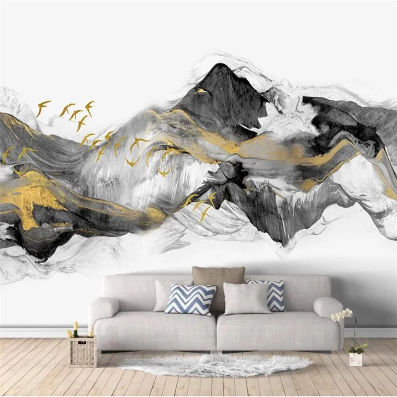 Beibehang-Customized-large-murals-fashion-home-improvement-birds-new-Chinese-abstract-golden-ink-landscape-TV-background