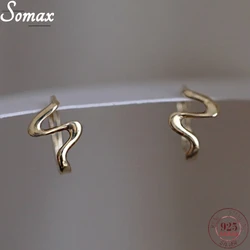 925 Sterling Silver korean 14K Gold Plated Wave Pattern Ear Buckle Women's Simple Smooth Temperament Ins Small Ear Hoop Earrings
