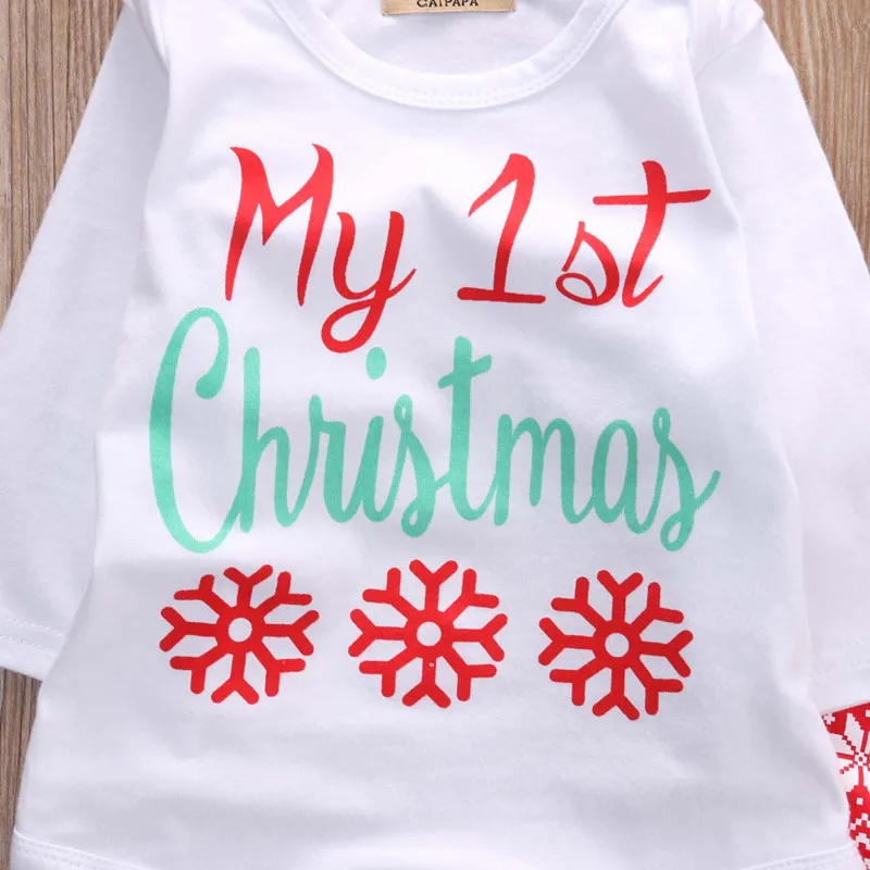 Новинка 3 шт. осенний рождественский комплект комбинезон с надписью «My 1st Christmas» узкие штанишки шапка и повязка с рисунком снежинки для маленьких девочек и мальчиков детская одежда