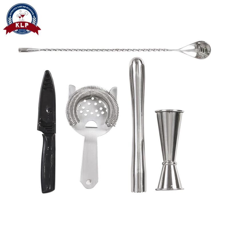 

5Pieces Cocktail Bar Set Plastic Knife Metal Jigger Bartender Cocktail Kit Shaker set for Browser Kit Bars Set Bartender Tool