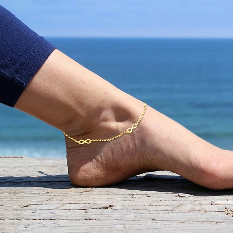 USTAR Infinity Ankle Bracelet Bohemia Gold Stainless Steel Chain Summer Beach Leg Anklets for Women Barefoot Foot Jewelry