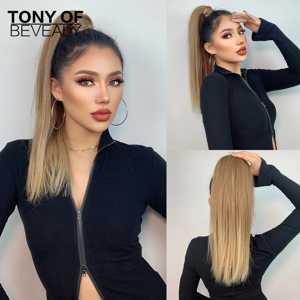 Long Straight Ponytail Synthetic Wigs Blonde Ombre Hairpiece Wrap Around Clip-in Hair Extensions Pony Tail Fack for Women | Шиньоны и